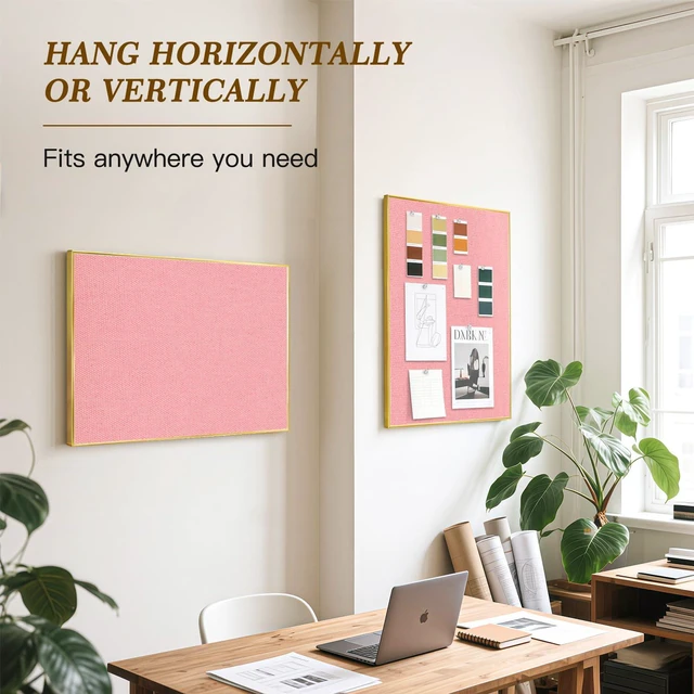 Alt view image 5 of 7 - Linen Bulletin Board, 24"x18" Decorative Fabric Pin Board Vision Board Gold Aluminum Frame, Upgraded Pink Canvas Surface, Wall Mounted, for Home Office Bedroom Dorm Wall Decor