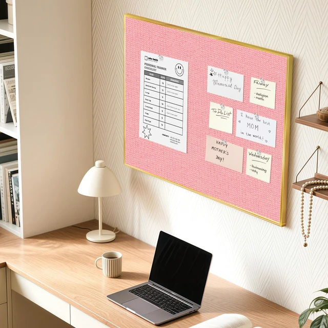 Alt view image 7 of 7 - Linen Bulletin Board, 36"x24" Decorative Fabric Pin Board Vision Board Gold Aluminum Frame, Upgraded Pink Canvas Surface, Wall Mounted, for Home Office Bedroom Dorm Wall Decor