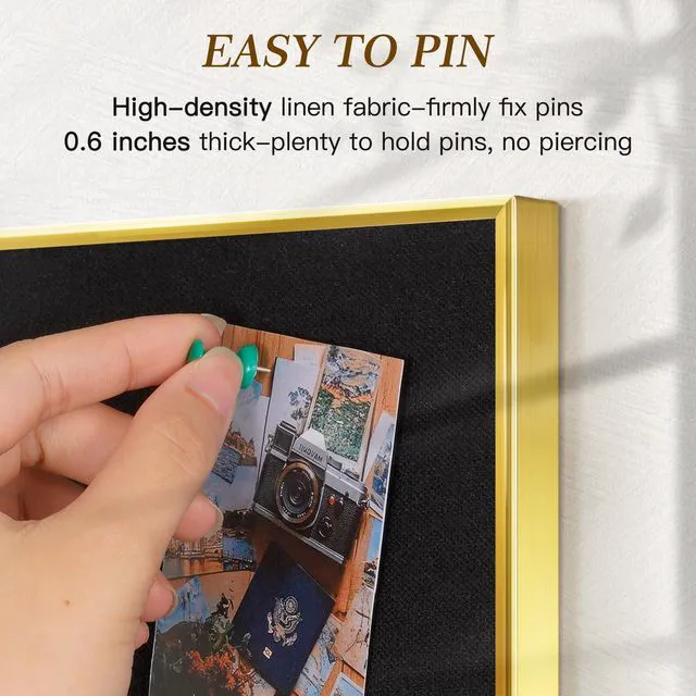 Alt view image 2 of 7 - Linen Bulletin Board, 24"x18" Decorative Fabric Pin Board Vision Board Gold Aluminum Frame, Upgraded Black Canvas Surface, Wall Mounted, for Home Office Bedroom Dorm Wall Decor