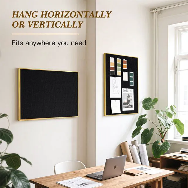 Alt view image 4 of 7 - Linen Bulletin Board, 24"x18" Decorative Fabric Pin Board Vision Board Gold Aluminum Frame, Upgraded Black Canvas Surface, Wall Mounted, for Home Office Bedroom Dorm Wall Decor