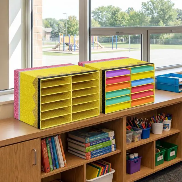 Alt view image 2 of 7 - 2 Pcs Pencil Classroom Paper Storage Organizer Construction Paper Storage Desktop Mailbox File Sorter Literature Cardboard Organizer for Home Office School, 19.7 x 12.4 x 11.8 Inch