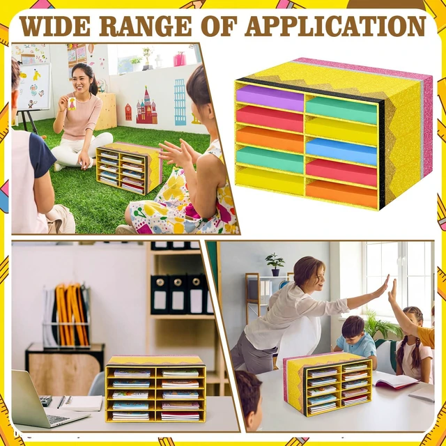 Alt view image 6 of 7 - 2 Pcs Pencil Classroom Paper Storage Organizer Construction Paper Storage Desktop Mailbox File Sorter Literature Cardboard Organizer for Home Office School, 19.7 x 12.4 x 11.8 Inch