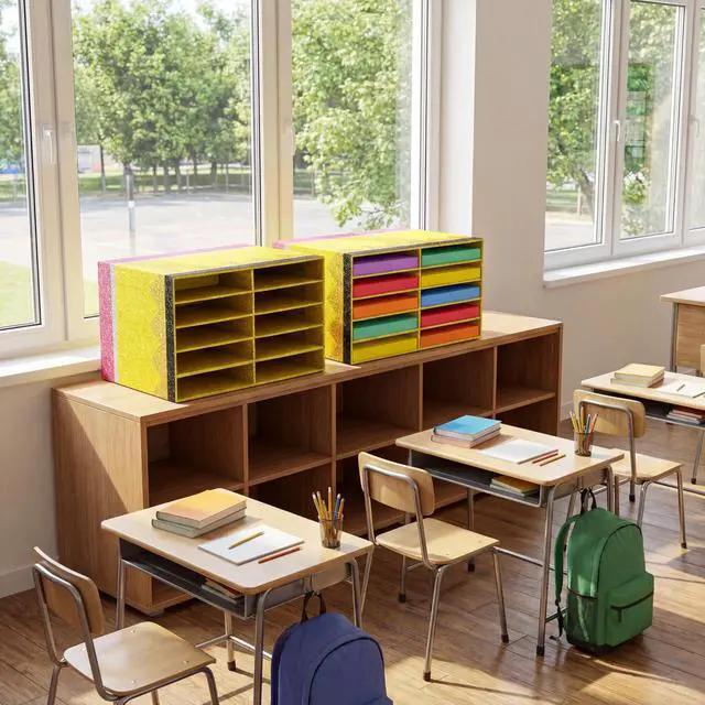Alt view image 7 of 7 - 2 Pcs Pencil Classroom Paper Storage Organizer Construction Paper Storage Desktop Mailbox File Sorter Literature Cardboard Organizer for Home Office School, 19.7 x 12.4 x 11.8 Inch
