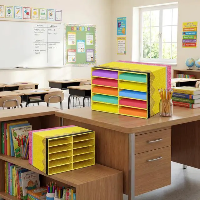 Alt view image 5 of 7 - 2 Pcs Pencil Classroom Paper Storage Organizer Construction Paper Storage Desktop Mailbox File Sorter Literature Cardboard Organizer for Home Office School, 19.7 x 12.4 x 11.8 Inch