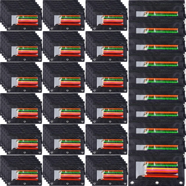Main image of 100 Pcs Classroom Binder Pencil Pouches, All Black, 1 Zipper 3 Ring Binder Zipper Pencil Pouches, Mesh Layer Pencil Bags Bulk, Pencils Pouches for Students, Back to School Pen Bags