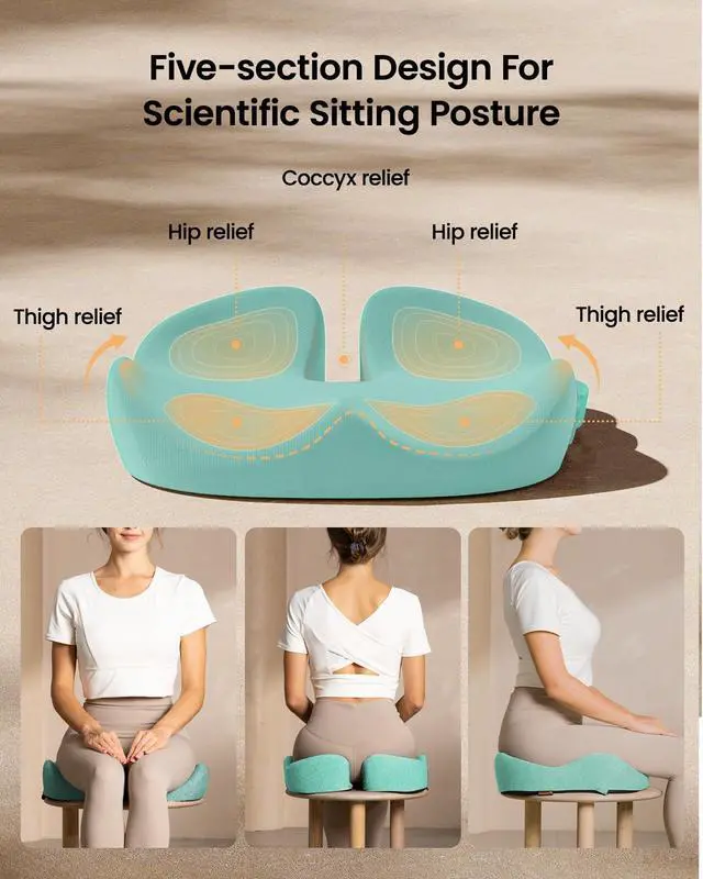 Alt view image 4 of 7 - Seat Cushion, Office Chair Cushion for Sciatica, Mint Green Coccyx Cushion, Ergonomic Memory Foam Seat Cushion for Car, Home, Pressure Relief Pad for Hip, Tailbone, All Day Comfort