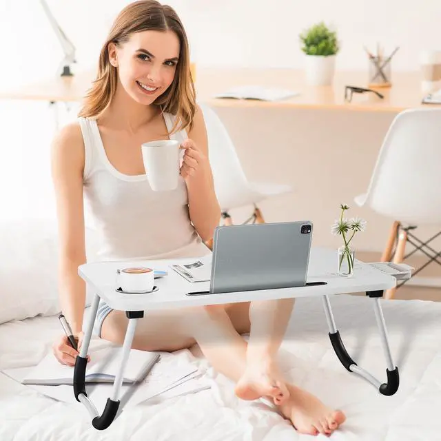 Alt view image 2 of 7 - Lap Desk Bed Trays for Eating and Laptops Breakfast in Bed Tray for Sofa/Couch/Study/Reading/Writing with Cup Holder/Drawer On Low Sitting Floor Large Portable Foldable (White)