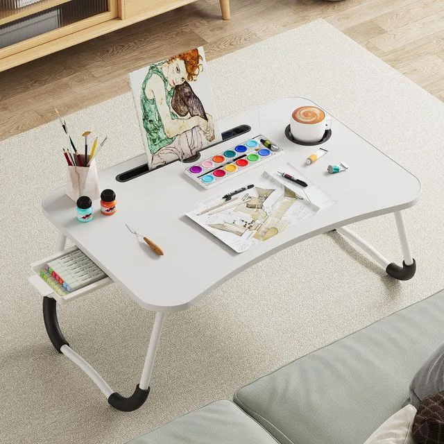 Alt view image 5 of 7 - Lap Desk Bed Trays for Eating and Laptops Breakfast in Bed Tray for Sofa/Couch/Study/Reading/Writing with Cup Holder/Drawer On Low Sitting Floor Large Portable Foldable (White)