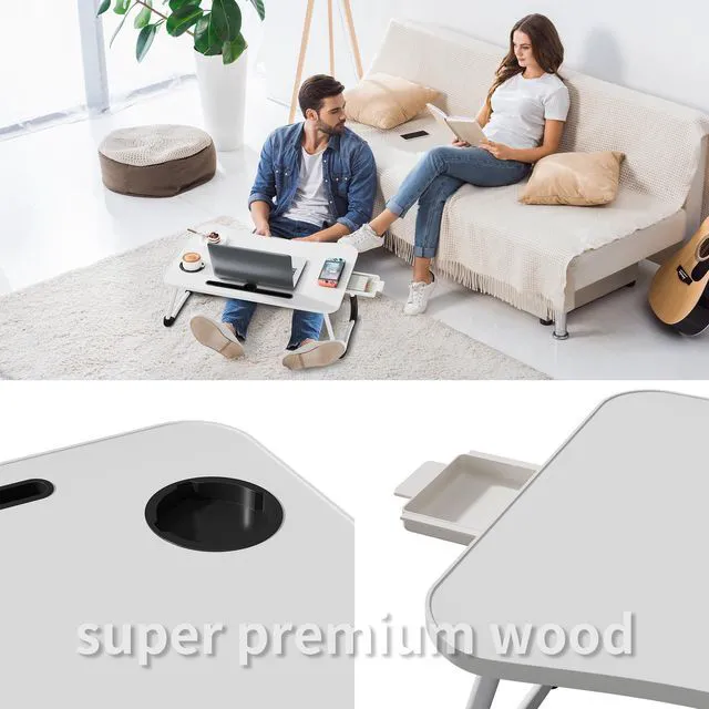 Alt view image 6 of 7 - Lap Desk Bed Trays for Eating and Laptops Breakfast in Bed Tray for Sofa/Couch/Study/Reading/Writing with Cup Holder/Drawer On Low Sitting Floor Large Portable Foldable (White)