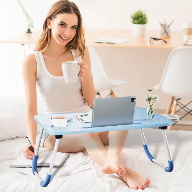 Alt view image 2 of 7 - Lap Desk Bed Trays for Eating and Laptops Breakfast in Bed Tray for Sofa/Couch/Study/Reading/Writing with Cup Holder/Drawer On Low Sitting Floor Large Portable Foldable (Blue)