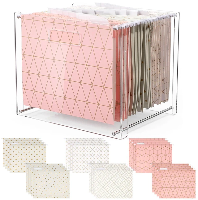 Main image of 24 Hanging File Folders Acrylic Desktop Organizer,Geometric Clear Acrylic Box with Handles, Letter A4 Compatible, Colorful Tab Labels Included, for Classroom Office,Back to School