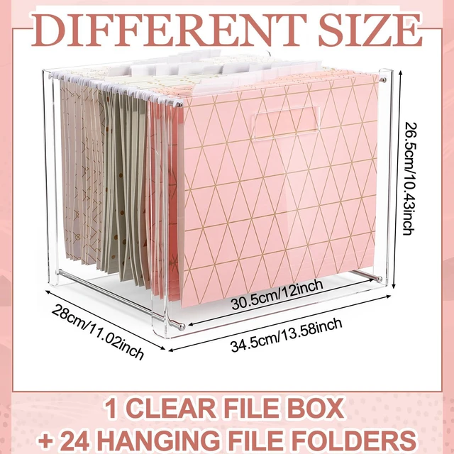 Alt view image 2 of 6 - 24 Hanging File Folders Acrylic Desktop Organizer,Geometric Clear Acrylic Box with Handles, Letter A4 Compatible, Colorful Tab Labels Included, for Classroom Office,Back to School