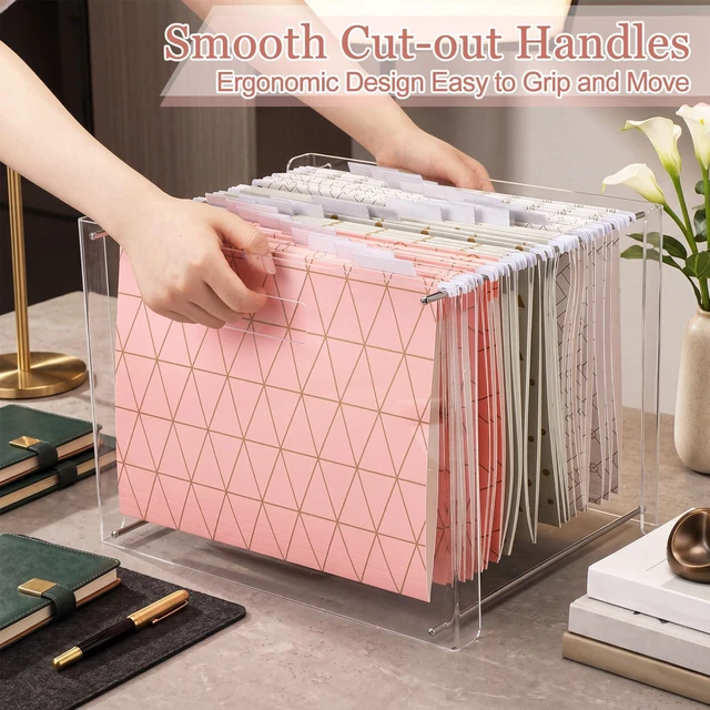 Alt view image 4 of 6 - 24 Hanging File Folders Acrylic Desktop Organizer,Geometric Clear Acrylic Box with Handles, Letter A4 Compatible, Colorful Tab Labels Included, for Classroom Office,Back to School