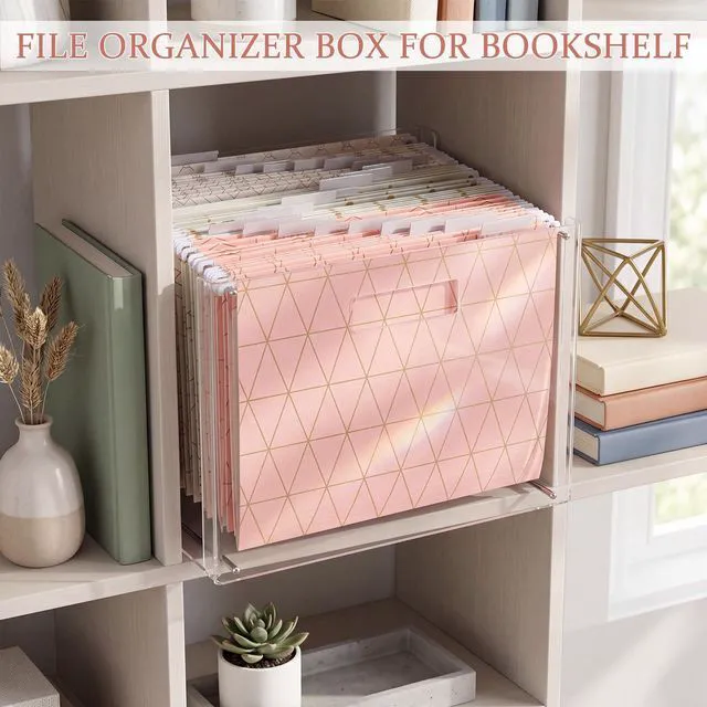 Alt view image 5 of 6 - 24 Hanging File Folders Acrylic Desktop Organizer,Geometric Clear Acrylic Box with Handles, Letter A4 Compatible, Colorful Tab Labels Included, for Classroom Office,Back to School