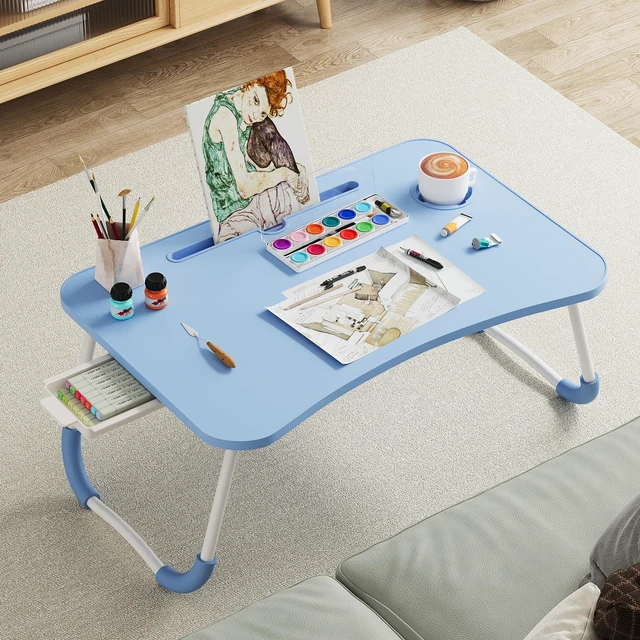 Alt view image 5 of 7 - Lap Desk Bed Trays for Eating and Laptops Breakfast in Bed Tray for Sofa/Couch/Study/Reading/Writing with Cup Holder/Drawer On Low Sitting Floor Large Portable Foldable (Blue)