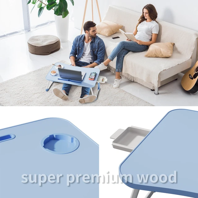 Alt view image 6 of 7 - Lap Desk Bed Trays for Eating and Laptops Breakfast in Bed Tray for Sofa/Couch/Study/Reading/Writing with Cup Holder/Drawer On Low Sitting Floor Large Portable Foldable (Blue)