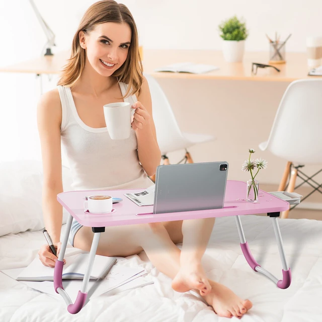 Alt view image 2 of 7 - Lap Desk Bed Trays for Eating and Laptops Breakfast in Bed Tray for Sofa/Couch/Study/Reading/Writing with Cup Holder/Drawer On Low Sitting Floor Large Portable Foldable (Pink)