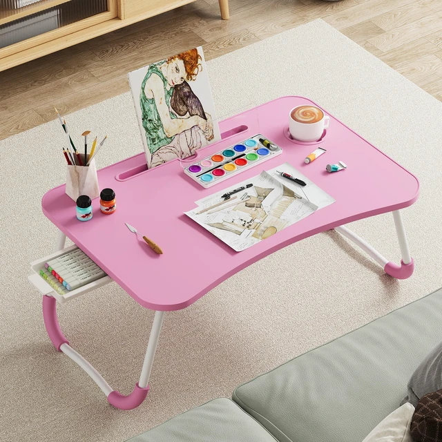 Alt view image 5 of 7 - Lap Desk Bed Trays for Eating and Laptops Breakfast in Bed Tray for Sofa/Couch/Study/Reading/Writing with Cup Holder/Drawer On Low Sitting Floor Large Portable Foldable (Pink)