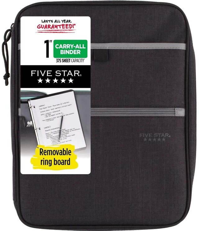 Main image of Zipper Binder, 1 Inch 3-Ring Binder with Round Rings, Carry-All with Pockets and 4-Tab Dividers, 375 Sheet Capacity, Black/Gray (29092IT8)