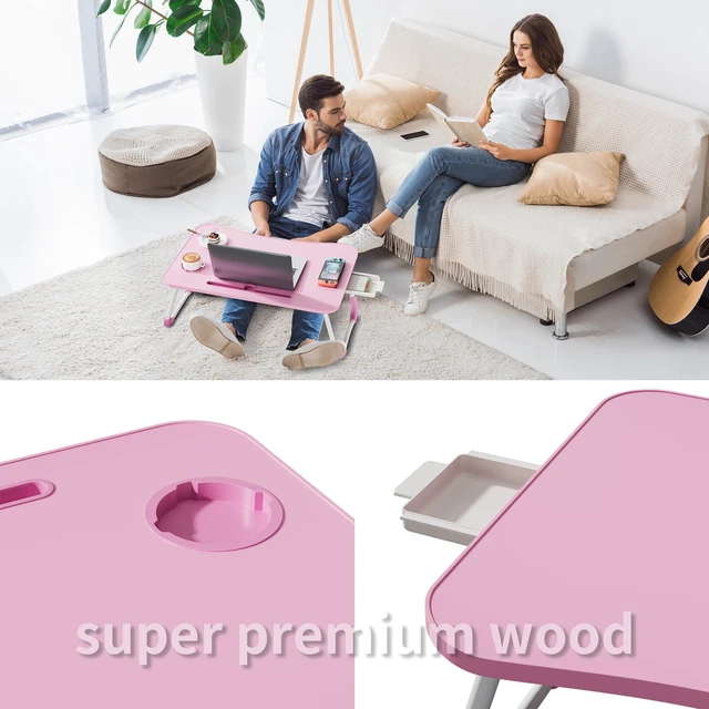 Alt view image 6 of 7 - Lap Desk Bed Trays for Eating and Laptops Breakfast in Bed Tray for Sofa/Couch/Study/Reading/Writing with Cup Holder/Drawer On Low Sitting Floor Large Portable Foldable (Pink)