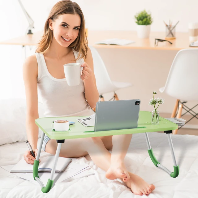 Alt view image 2 of 7 - Lap Desk Bed Trays for Eating and Laptops Breakfast in Bed Tray for Sofa/Couch/Study/Reading/Writing with Cup Holder/Drawer On Low Sitting Floor Large Portable Foldable (Green)