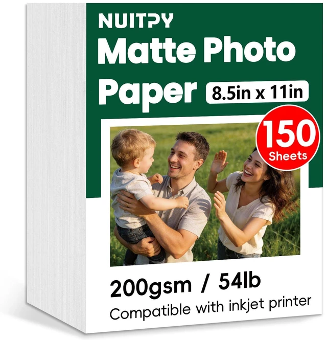 Main image of 150 Sheets Matte Photo Paper, 8.5in x 11in, 200GSM / 54lb Inkjet Photo Printer Paper, Picture Paper for Photos, Calendars, Brochures, Cards, Menus