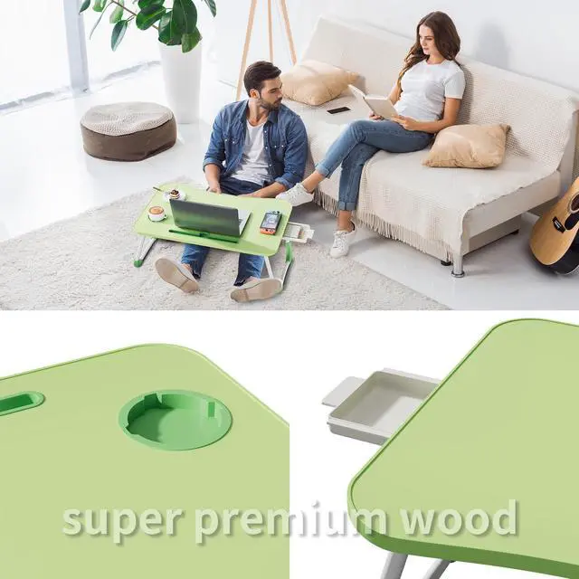 Alt view image 6 of 7 - Lap Desk Bed Trays for Eating and Laptops Breakfast in Bed Tray for Sofa/Couch/Study/Reading/Writing with Cup Holder/Drawer On Low Sitting Floor Large Portable Foldable (Green)