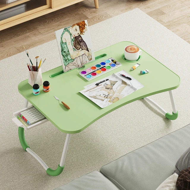 Alt view image 5 of 7 - Lap Desk Bed Trays for Eating and Laptops Breakfast in Bed Tray for Sofa/Couch/Study/Reading/Writing with Cup Holder/Drawer On Low Sitting Floor Large Portable Foldable (Green)