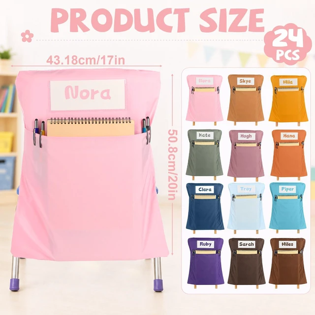 Alt view image 2 of 7 - 24 Pcs Chair Pockets for Classroom 17x20 Inch Classrooms with Name Tag Classroom Chair Pocket Storage for Keeping Student Books School Table Organized (Groovy)