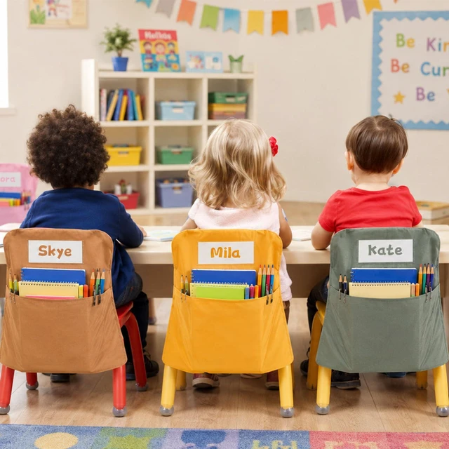 Alt view image 5 of 7 - 24 Pcs Chair Pockets for Classroom 17x20 Inch Classrooms with Name Tag Classroom Chair Pocket Storage for Keeping Student Books School Table Organized (Groovy)