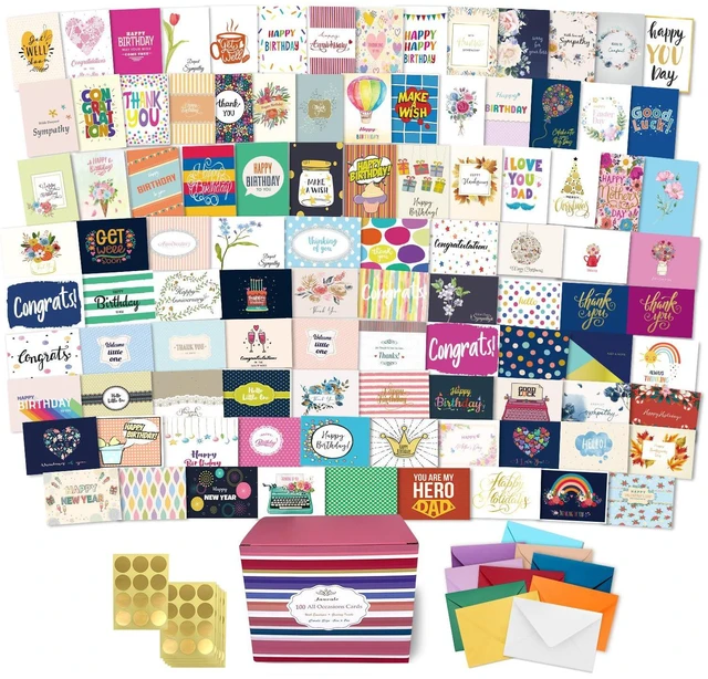 Main image of 100 All Occasion Cards Assortment Box with Color EnvelopesAll Occasion Cards Set with Greeting Inside, Large 5 x 7 inch Cards with Stickers and Dividers