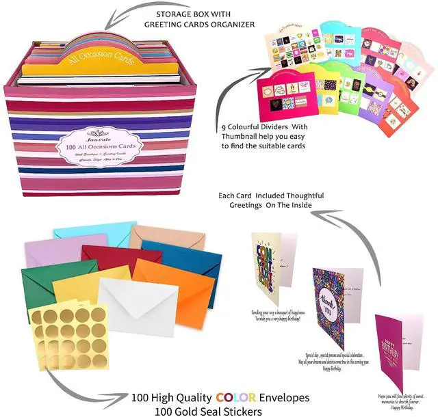 Alt view image 2 of 6 - 100 All Occasion Cards Assortment Box with Color EnvelopesAll Occasion Cards Set with Greeting Inside, Large 5 x 7 inch Cards with Stickers and Dividers