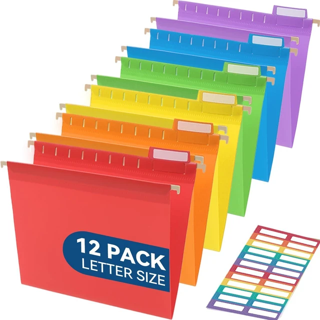 Main image of Plastic Hanging File Folders, Letter Size, Tear-Resistant, Vibrant 12-Pack, Sturdy and Easy to Clean, for Filing Cabinets, with Insertable 1/5-Cut Tabs and Colorful Labels