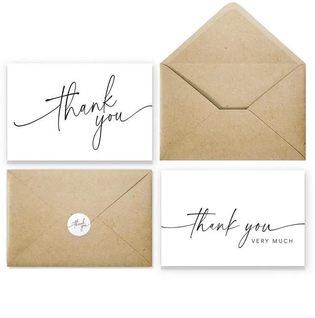 Main image of Thank You Cards with Envelopes & Matching Stickers, Bulk Pack of 100, 4x6 Inch Minimalistic Design - Suitable for Business, Baby Shower, Wedding, Small Business, Graduation, Bridal Shower, Funeral