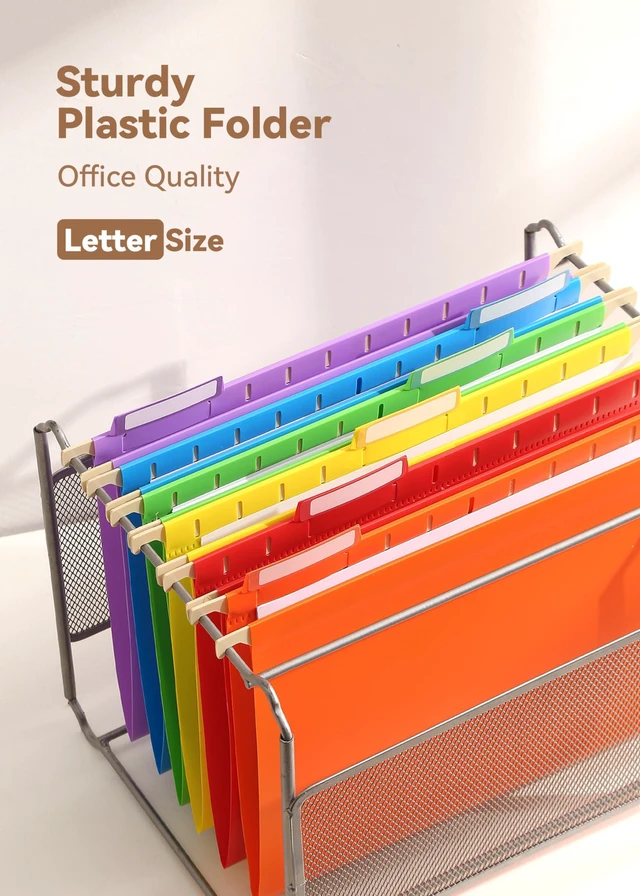 Alt view image 2 of 6 - Plastic Hanging File Folders, Letter Size, Tear-Resistant, Vibrant 12-Pack, Sturdy and Easy to Clean, for Filing Cabinets, with Insertable 1/5-Cut Tabs and Colorful Labels