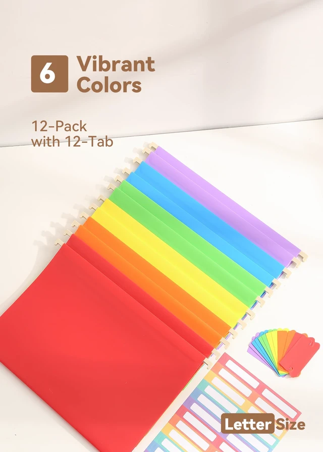 Alt view image 5 of 6 - Plastic Hanging File Folders, Letter Size, Tear-Resistant, Vibrant 12-Pack, Sturdy and Easy to Clean, for Filing Cabinets, with Insertable 1/5-Cut Tabs and Colorful Labels