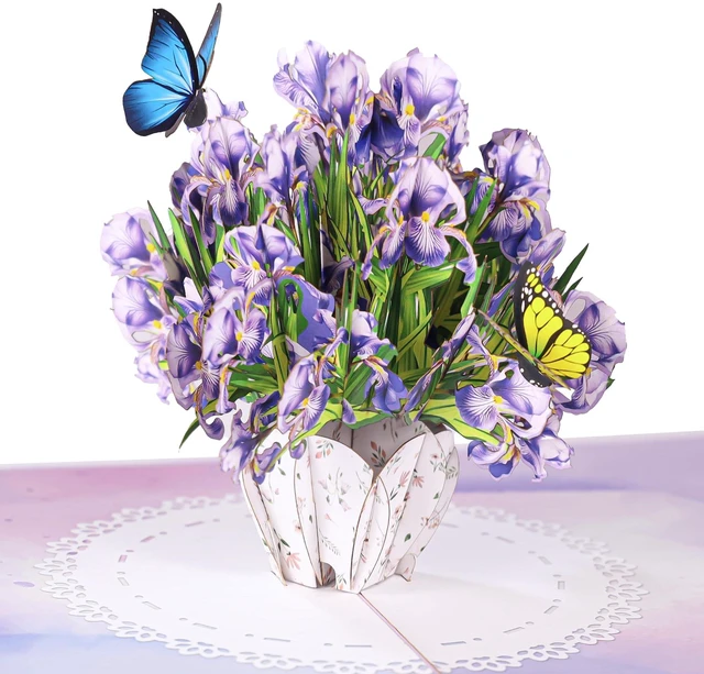 Main image of Iris Bouquet Flowers 3D Pop Up Birthday Card for Women, Wife, Ideal Gift For Thank You, Mothers Day, Happy Birthday, Valentines, Anniversary for Mom, Sister, Wife, Grandma, Daughter, Girlfriend