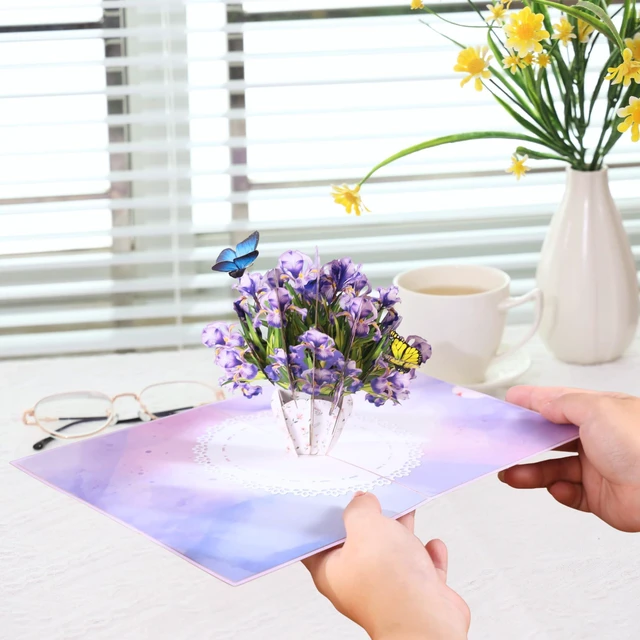 Alt view image 3 of 6 - Iris Bouquet Flowers 3D Pop Up Birthday Card for Women, Wife, Ideal Gift For Thank You, Mothers Day, Happy Birthday, Valentines, Anniversary for Mom, Sister, Wife, Grandma, Daughter, Girlfriend
