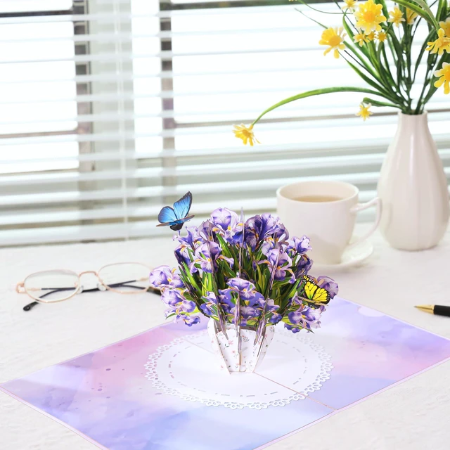 Alt view image 2 of 6 - Iris Bouquet Flowers 3D Pop Up Birthday Card for Women, Wife, Ideal Gift For Thank You, Mothers Day, Happy Birthday, Valentines, Anniversary for Mom, Sister, Wife, Grandma, Daughter, Girlfriend