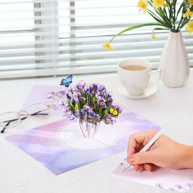 Alt view image 4 of 6 - Iris Bouquet Flowers 3D Pop Up Birthday Card for Women, Wife, Ideal Gift For Thank You, Mothers Day, Happy Birthday, Valentines, Anniversary for Mom, Sister, Wife, Grandma, Daughter, Girlfriend
