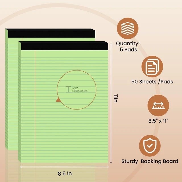 Alt view image 2 of 6 - 5pcs Legal Pads 8.5 x 11, Perforated Color Notepad 8.5x11, 50Sheets/Pad Writing Pads 8.5x11, College Ruled Thick Paper, Lined Note Pads with Sturdy Backing, Office & School Supplies