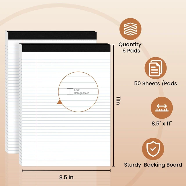 Alt view image 2 of 6 - 6pcs Legal Pads 8.5 x 11, Perforated White Notepad 8.5x11, 50Sheets/Pad Writing Pads 8.5x11, College Ruled Thick Paper, Lined Note Pads with Sturdy Backing, Office & School Supplies