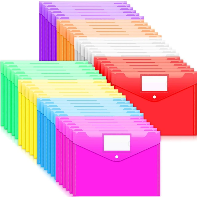 Main image of 48 Pack Folders Plastic Envelopes, Clear Plastic File Folder for Document, Letter A4 Size Poly File Envelopes with Label Pocket, Snap Button for Home Work Office Organizer, 8 Assorted Colors