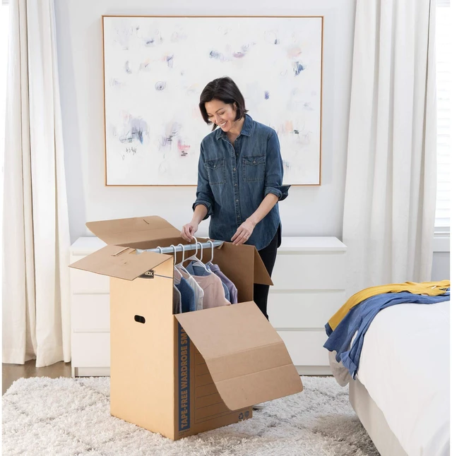 Alt view image 2 of 5 - 3-Pack Short Wardrobe Moving Boxes, 20" x 20" x 40" Move hanging clothes from closet to truck with wardrobe boxes that reduce folding, wrinkles, and repacking