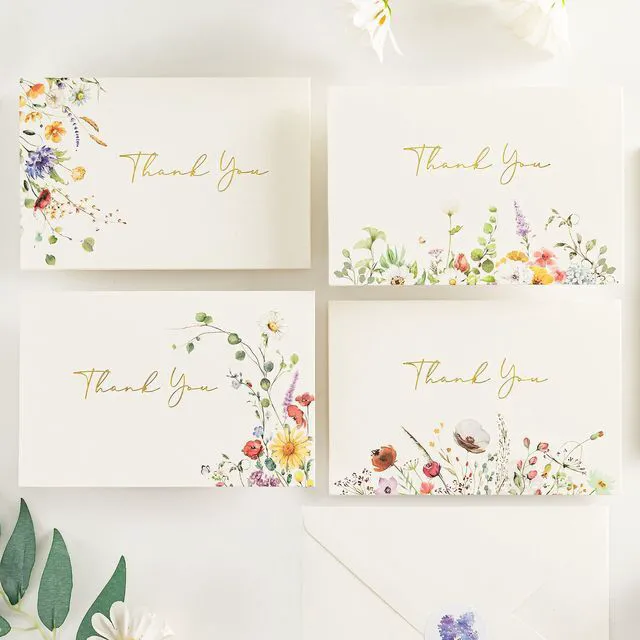 Main image of 4x6 Floral 4 Assorted Thank You Cards (100 Pack) with Envelopes Elegant Watercolor Wildflower Pattern, Matching Stickers, Gold Foil Printing, for Birthday/Baby Bridal Shower/Graduation