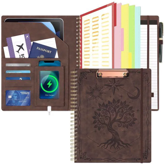 Main image of Clipboard with Storage for Men Women, Leather Padfolio Portfolio Organizer 5 Folders with 10 Pockets, Spiral Clipboard Folio with Notepad for Letter Size, Elastic Closure and Pen Loop Brown