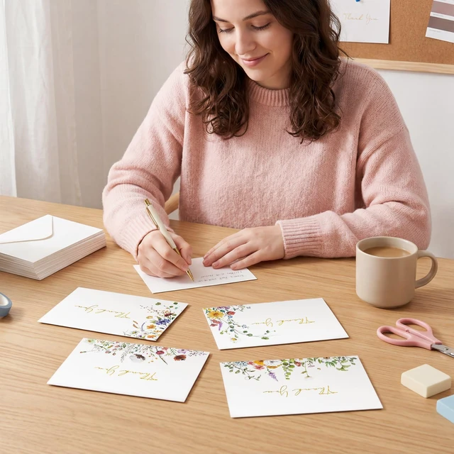 Alt view image 7 of 7 - 4x6 Floral 4 Assorted Thank You Cards (100 Pack) with Envelopes Elegant Watercolor Wildflower Pattern, Matching Stickers, Gold Foil Printing, for Birthday/Baby Bridal Shower/Graduation