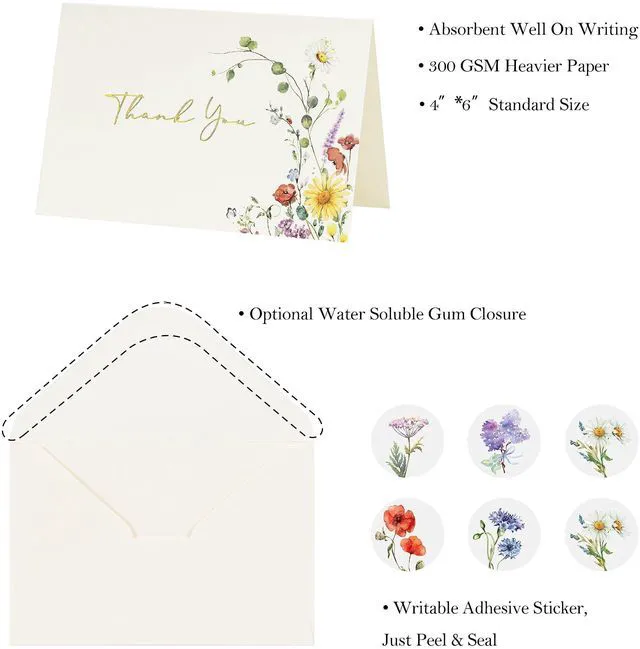 Alt view image 2 of 7 - 4x6 Floral 4 Assorted Thank You Cards (100 Pack) with Envelopes Elegant Watercolor Wildflower Pattern, Matching Stickers, Gold Foil Printing, for Birthday/Baby Bridal Shower/Graduation