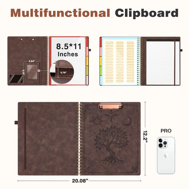 Alt view image 2 of 7 - Clipboard with Storage for Men Women, Leather Padfolio Portfolio Organizer 5 Folders with 10 Pockets, Spiral Clipboard Folio with Notepad for Letter Size, Elastic Closure and Pen Loop Brown