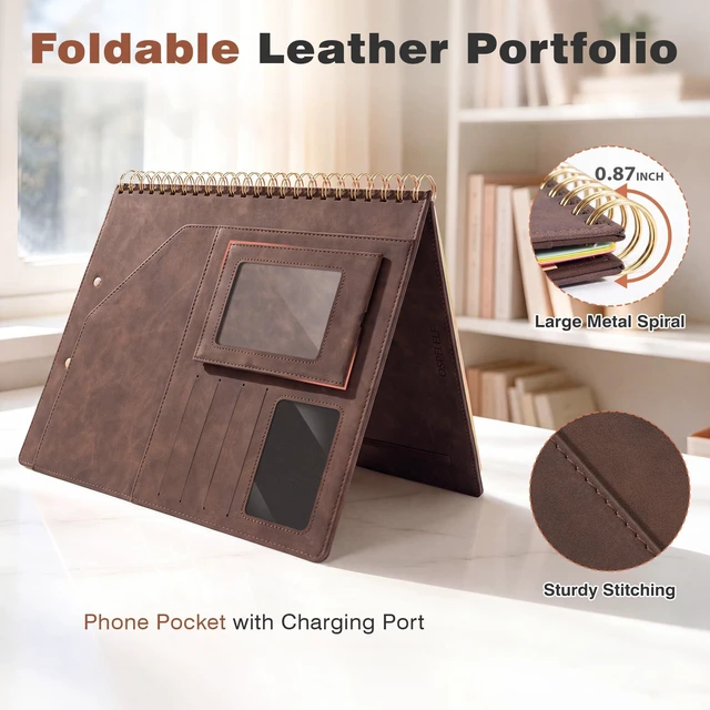 Alt view image 4 of 7 - Clipboard with Storage for Men Women, Leather Padfolio Portfolio Organizer 5 Folders with 10 Pockets, Spiral Clipboard Folio with Notepad for Letter Size, Elastic Closure and Pen Loop Brown